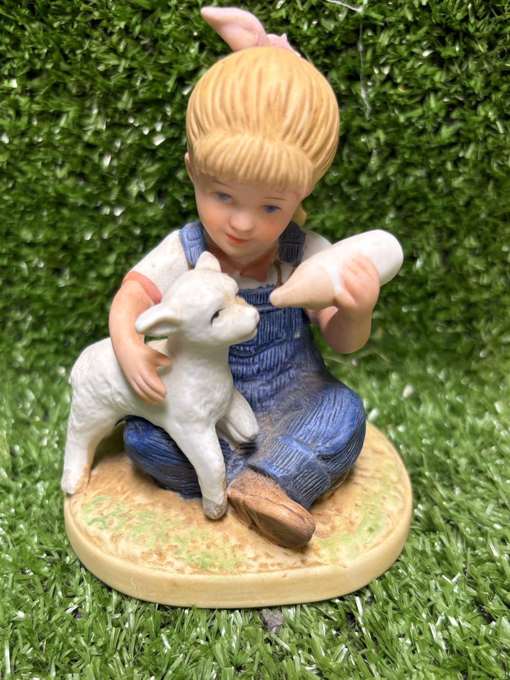 Homco Hand-Painted Figurine of Blonde Child in Blue Overalls with White Lamb
